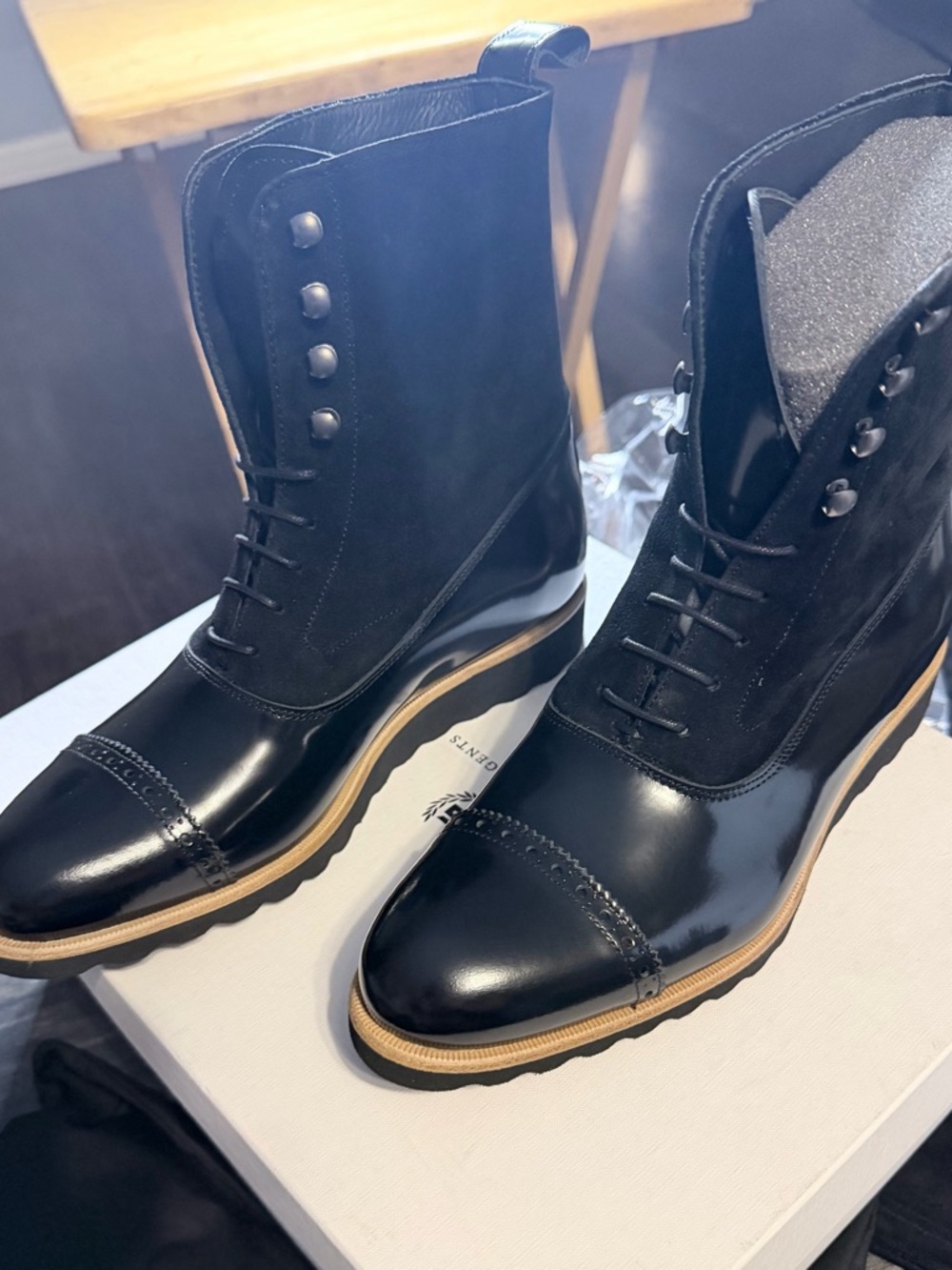 Unisex Triple Black Caramel Leather & Suede Lace-Up Boots Patent W8 M6 UK 38